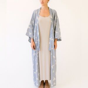 VINTAGE Blue White Butterfly Print Cotton Kimono